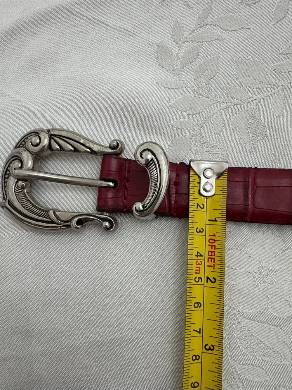 Women's Red Croc-Embossed leather Belt with Decorative Silver tone Buckle (mlb)